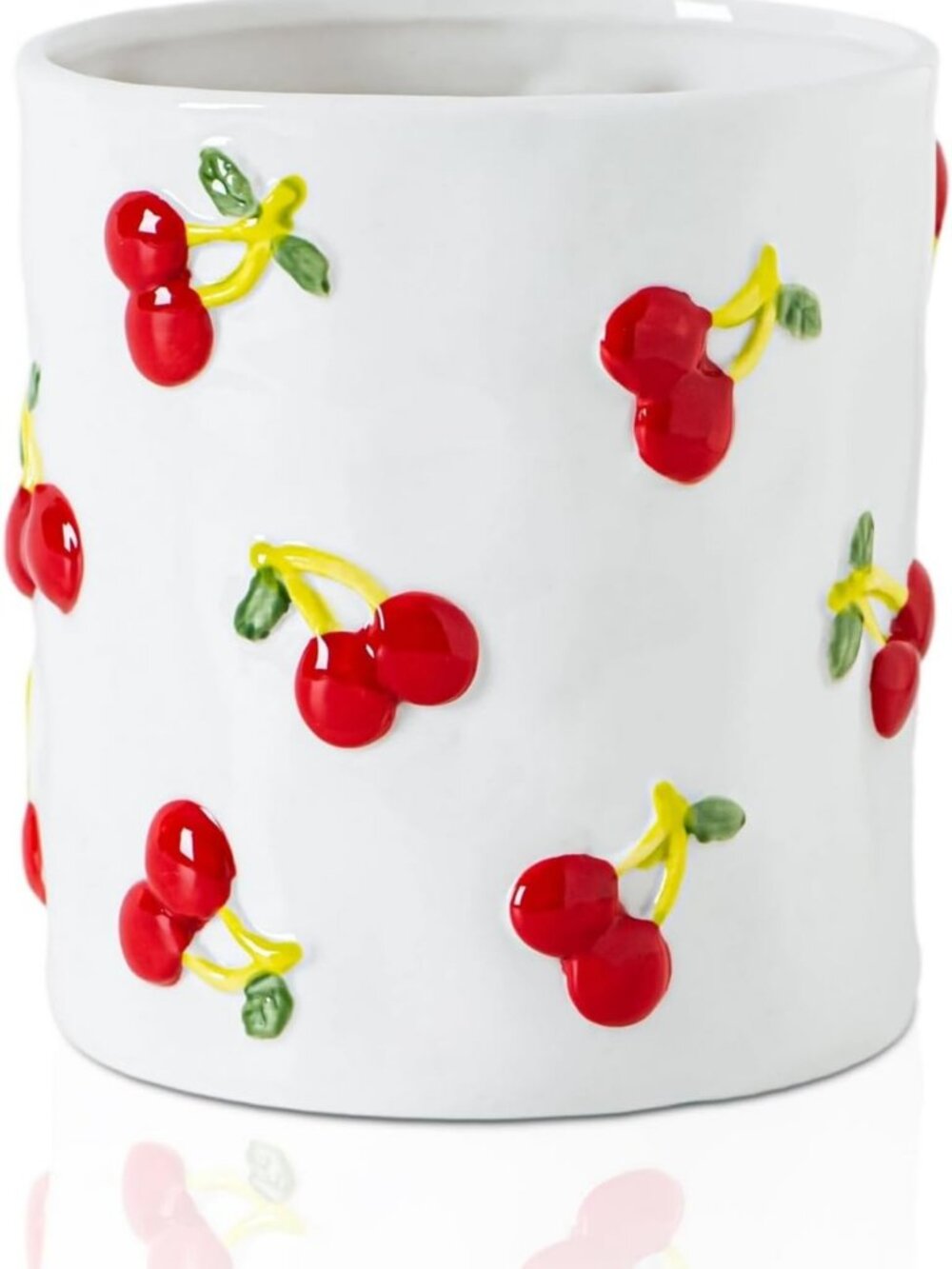 Textured White Ceramic Cherry Utensil Holder - Stylish Kitchen Counter Crock